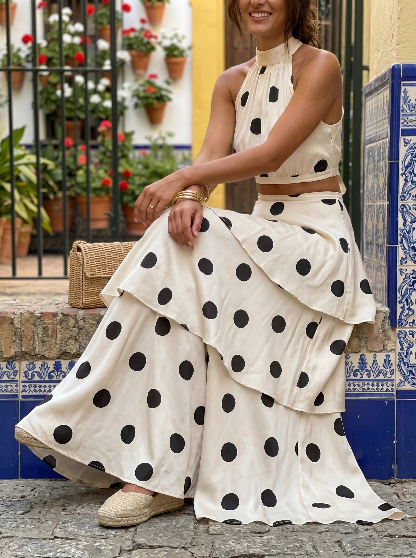 Conjunto top y falda larga de lunares