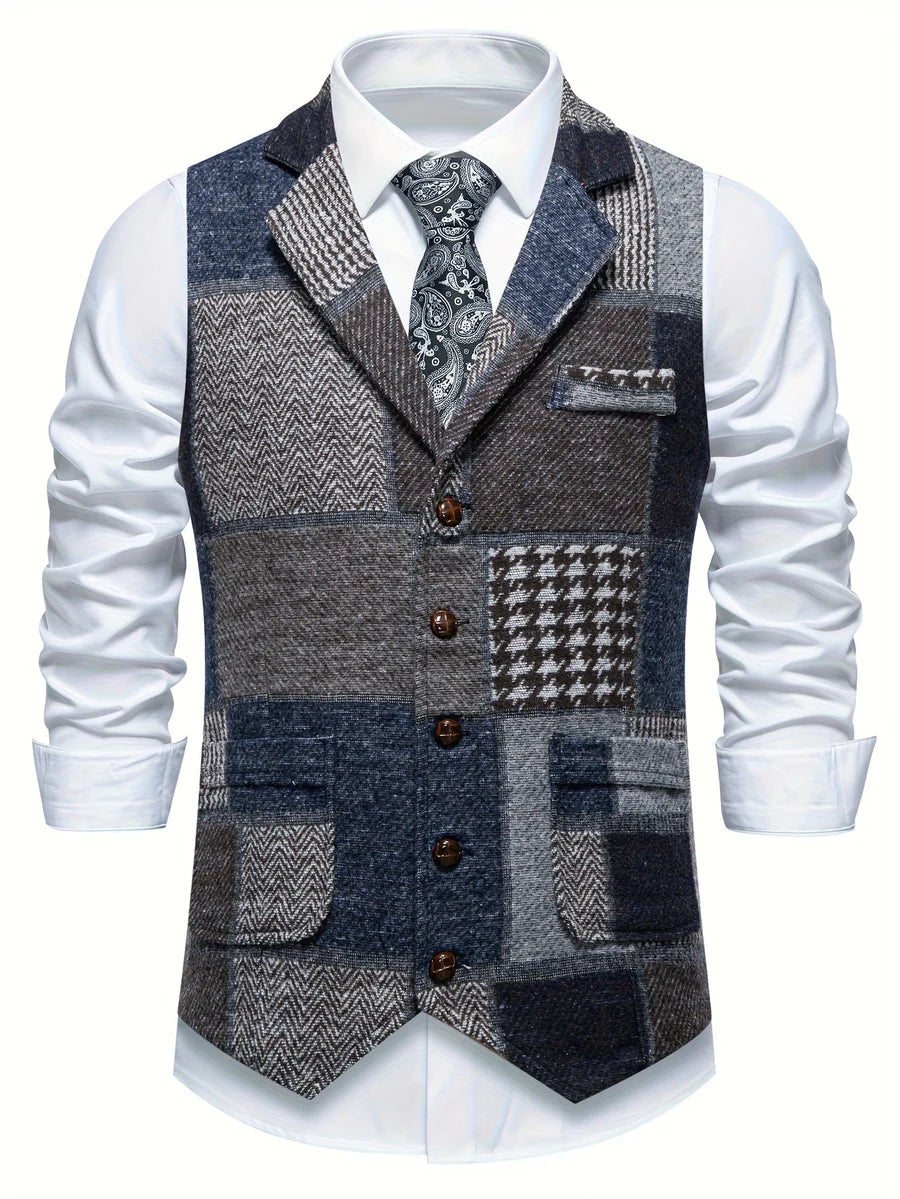 Leo | Chaleco de tweed patchwork con patrón de espina de pescado