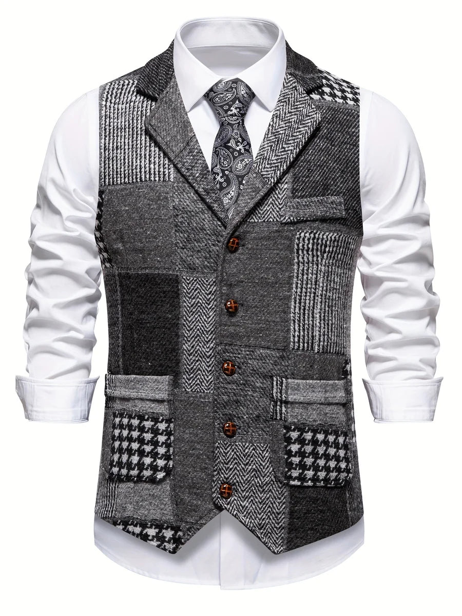 Leo | Chaleco de tweed patchwork con patrón de espina de pescado