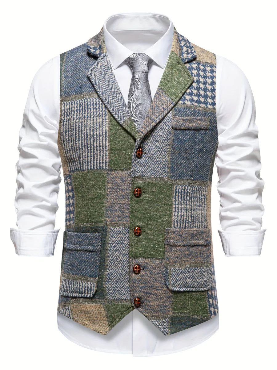 Leo | Chaleco de tweed patchwork con patrón de espina de pescado