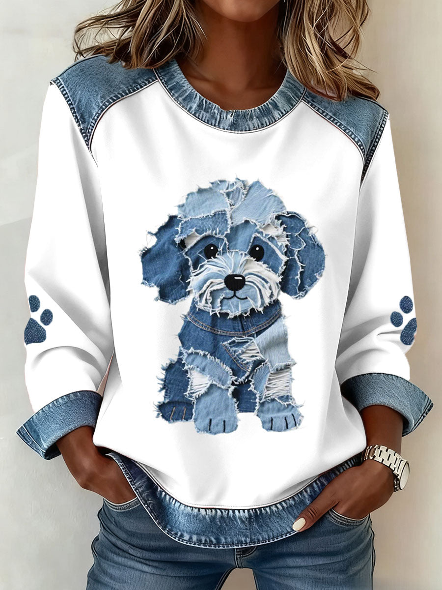 Luz™ | Sudadera con Patchwork y Estampado de Denim de Perro Peludo