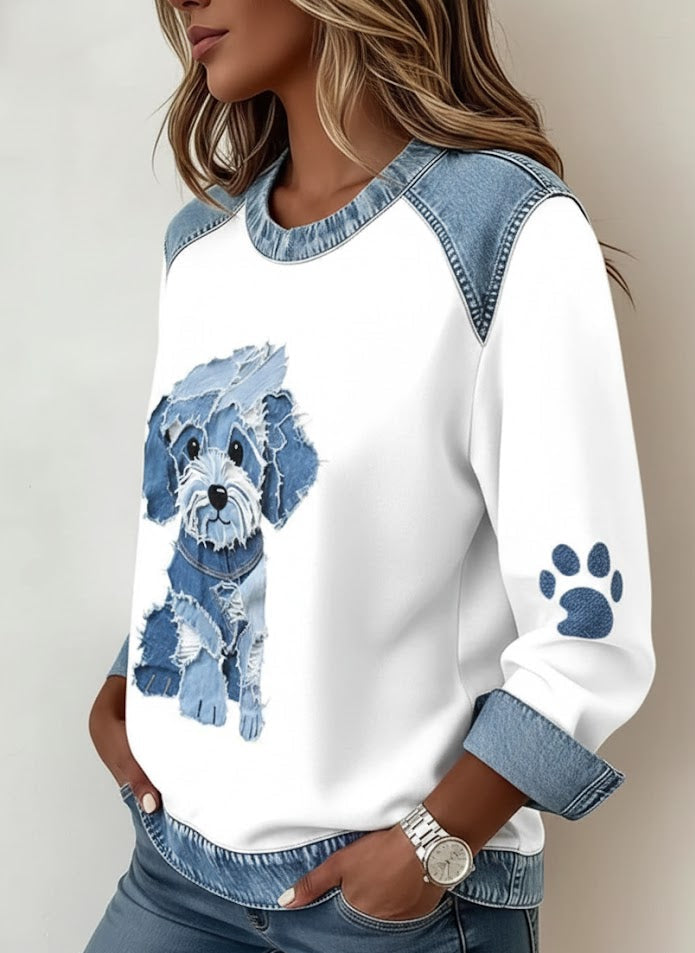 Luz™ | Sudadera con Patchwork y Estampado de Denim de Perro Peludo